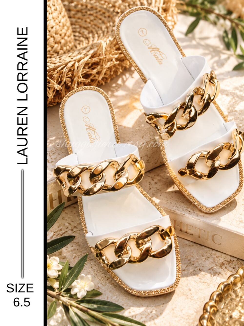 MSRP: $90✨Lauren Lorraine White Sandals w/ Gold Embellishments – Size 6.5 | NIB✨